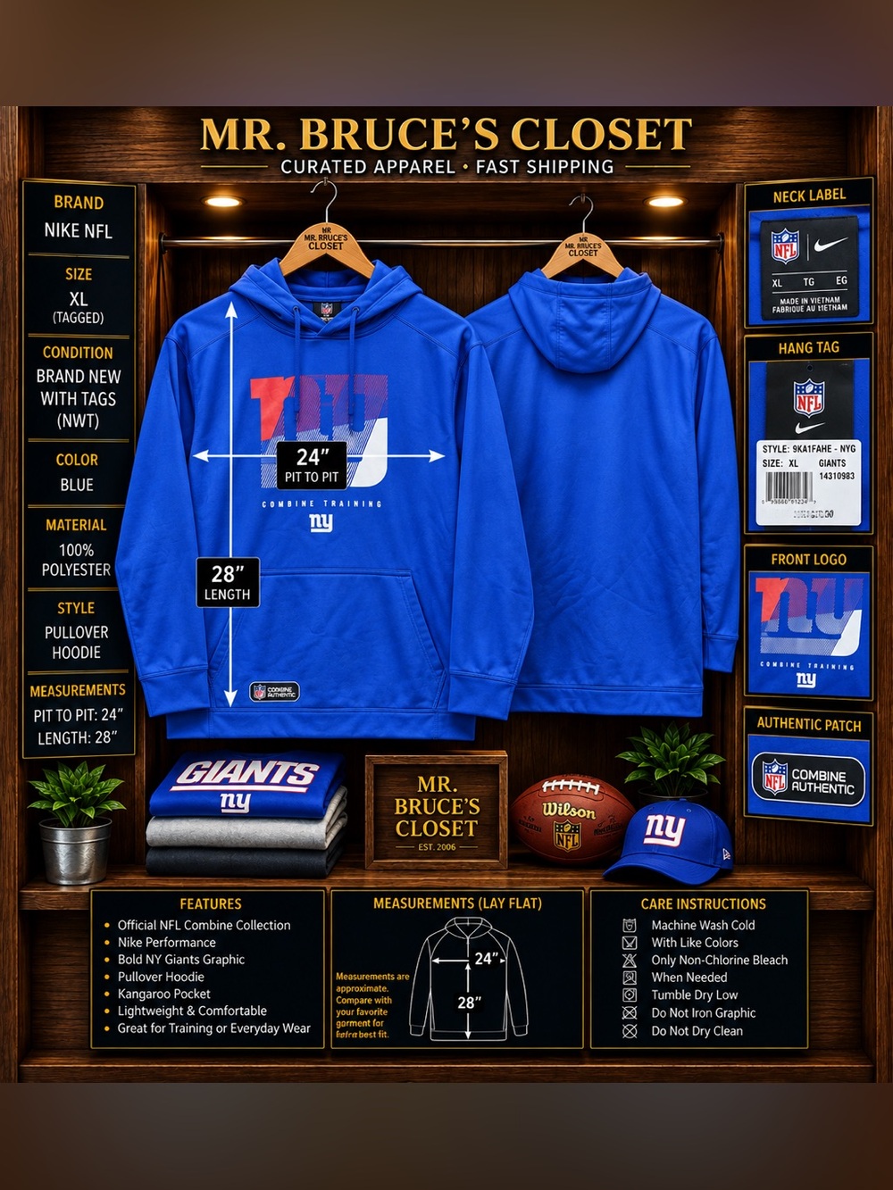 NFL Blue NY Giants Pullover Hoodie with Red Accent